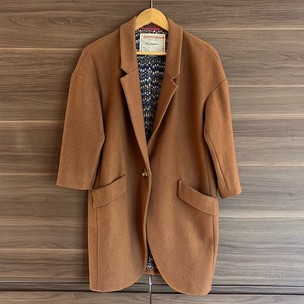 Cartonnier (Anthro) tan wool coat with pretty lining Size S